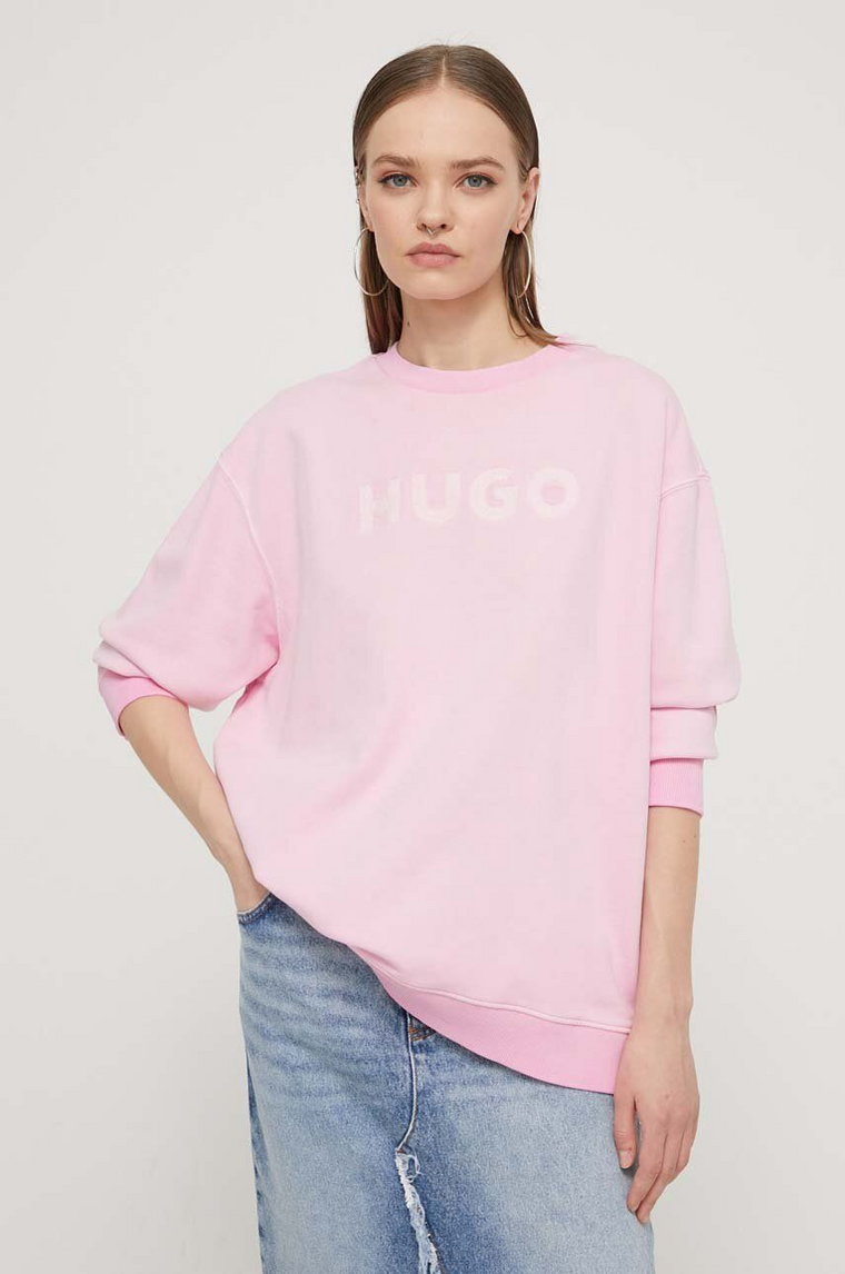 HUGO bluza bawełniana damska kolor różowy z aplikacją 50512022