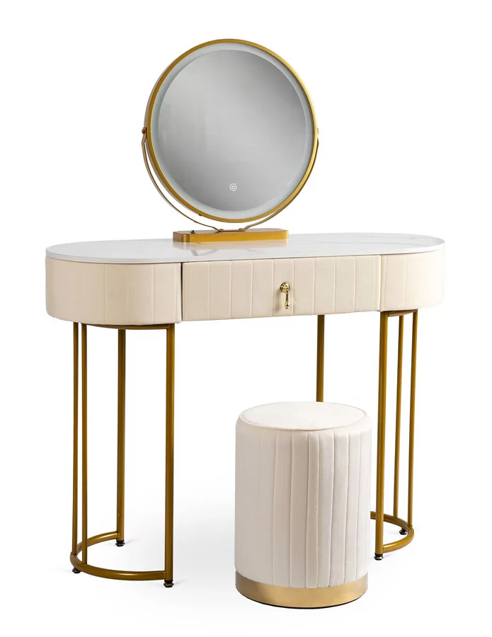 Kremowa toaletka glamour z lustrem i pufą - Adorva 3X