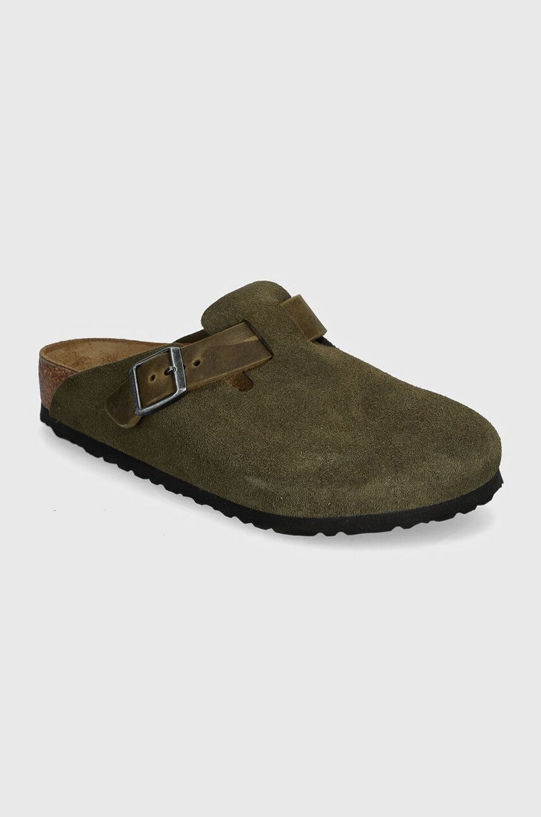 Birkenstock klapki zamszowe Boston męskie kolor zielony 1028067