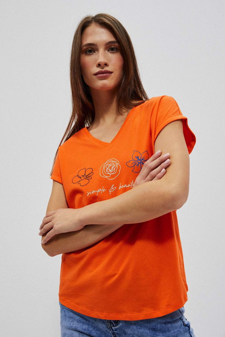 T-shirt z dekoltem w serek i nadrukiem pomarańczowy