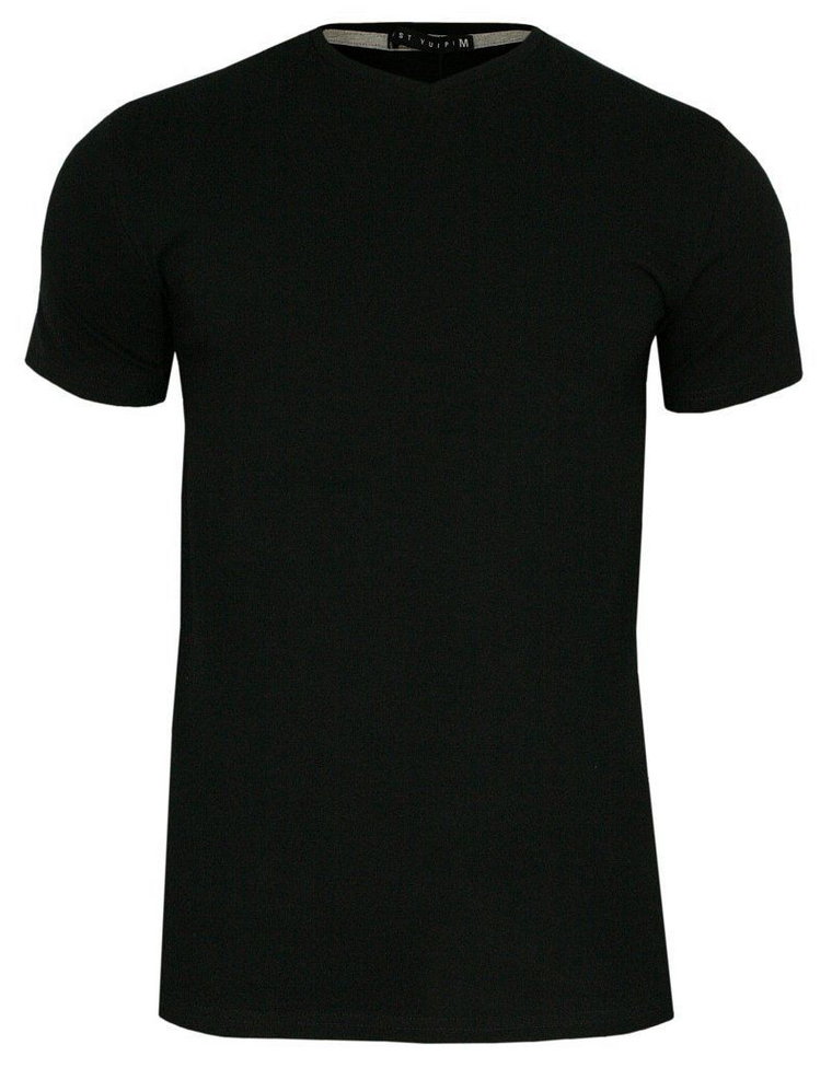 Czarny Jednokolorowy T-shirt Męski, Krótki Rękaw -Just Yuppi- Koszulka, BASIC, w Serek, V-neck
