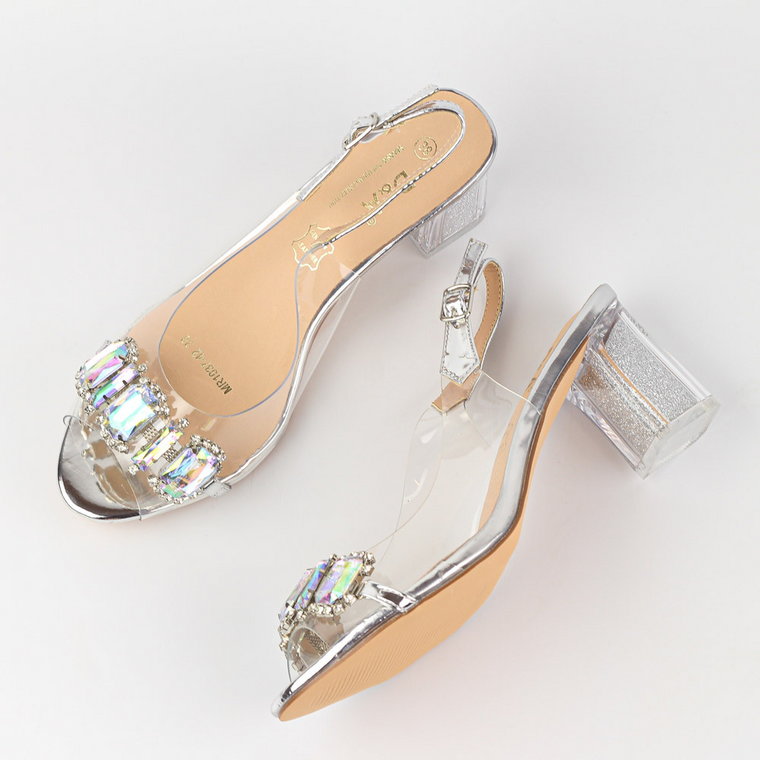 Srebrne silikonowe sandały damskie na słupku z kryształami, transparen