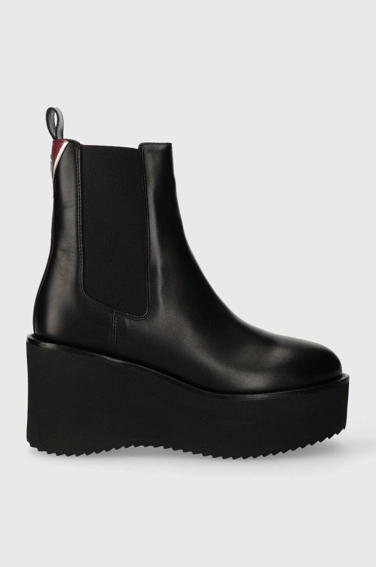 Tommy Hilfiger sztyblety skórzane ELEVATED WEDGE BOOTIE damskie kolor czarny na koturnie FW0FW07657