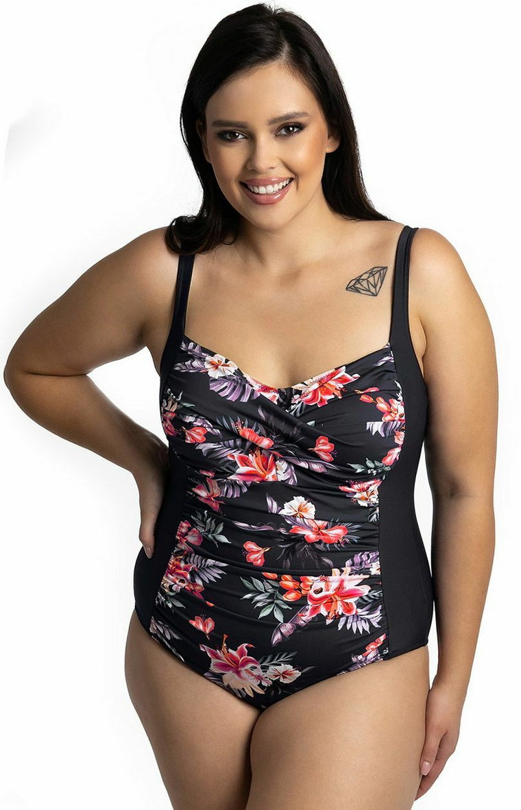 Jednoczęściowy kostium kąpielowy w kwiaty 508/40, Kolor czarny-wzór, Rozmiar XL, Primo