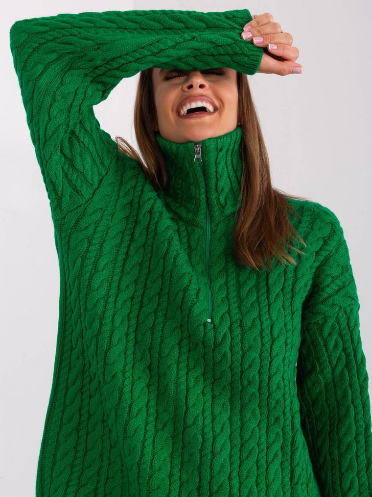 Sweter z warkoczami zielony casual dekolt stójka rękaw długi długość długa zamek