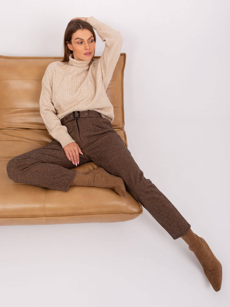 Spodnie z materiału camelowy casual dzianinowe materiałowe nogawka prosta pasek