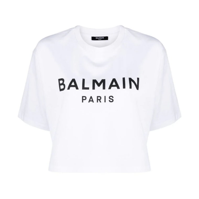 Skrócony T-shirt z bawełny z nadrukiem logo Balmain