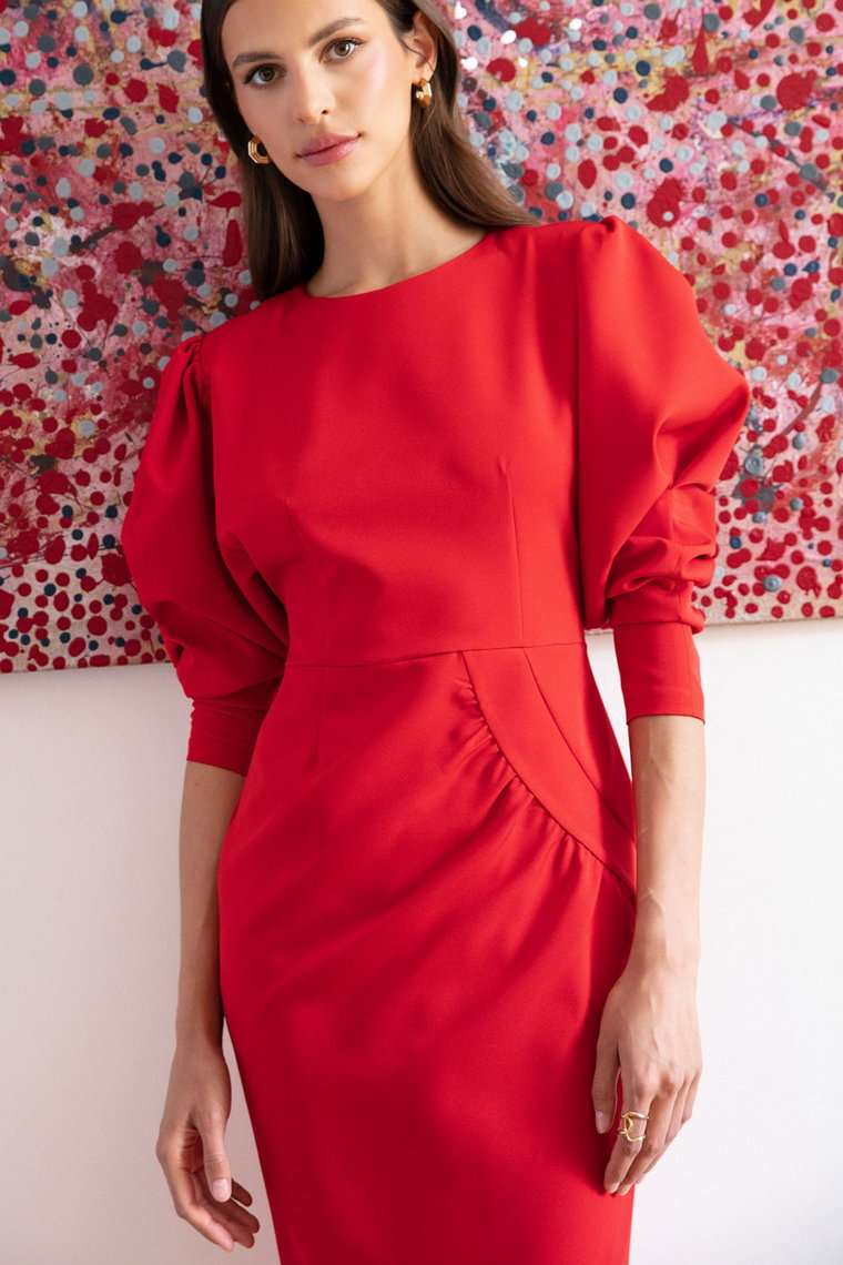 Elegancka sukienka ołówkowa z bufiastymi rękawami czerwona
