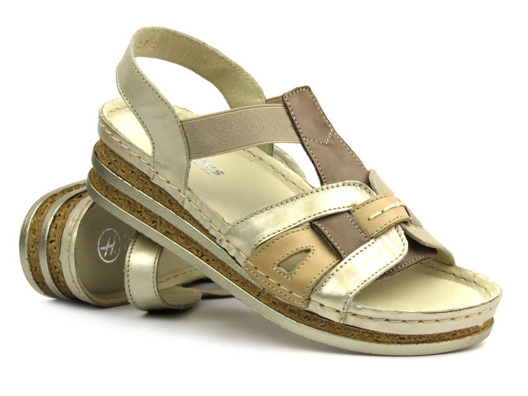Skórzane sandały damskie na platformie - HELIOS Komfort 129, złote