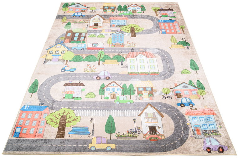 Beżowo-kolorowy dywan z miasteczkiem dla dzieci - Kazo 6X