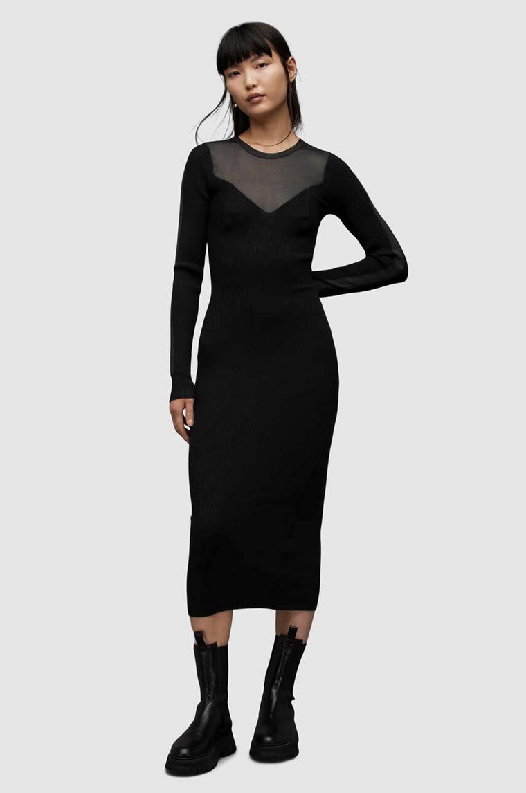 AllSaints sukienka Flete kolor czarny midi dopasowana
