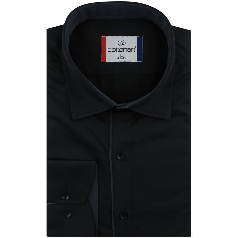 Koszula Męska Elegancka Wizytowa do garnituru gładka czarna z lamówką z długim rękawem w kroju SLIM FIT Cottonart E411