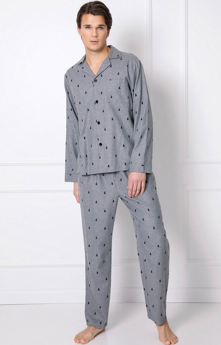 Aruelle bawełniana piżama męska zapinana na guzki z długim rękawem i długimi spodniami Elis Long, Kolor szary-wzór, Rozmiar L, Aruelle