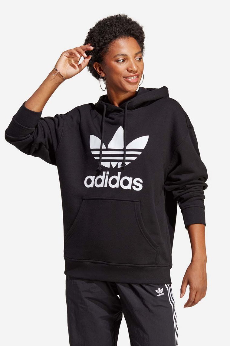 adidas Originals bluza bawełniana Trefoil Hoodie damska kolor czarny z kapturem z nadrukiem IB7432-CZARNY