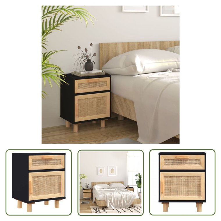 The Living Store Szafka nocna - czarna - lite drewno sosnowe i naturalny rattan - Szafka Nocna