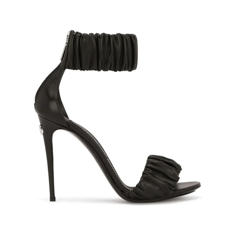 Czarne Zmarszczone Skórzane Sandały na Wysokim Obcasie Dolce & Gabbana