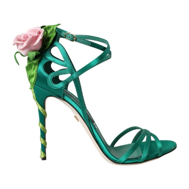 Zielone Kwiatowe Satynowe Sandały z Paskami na Kostki Dolce & Gabbana