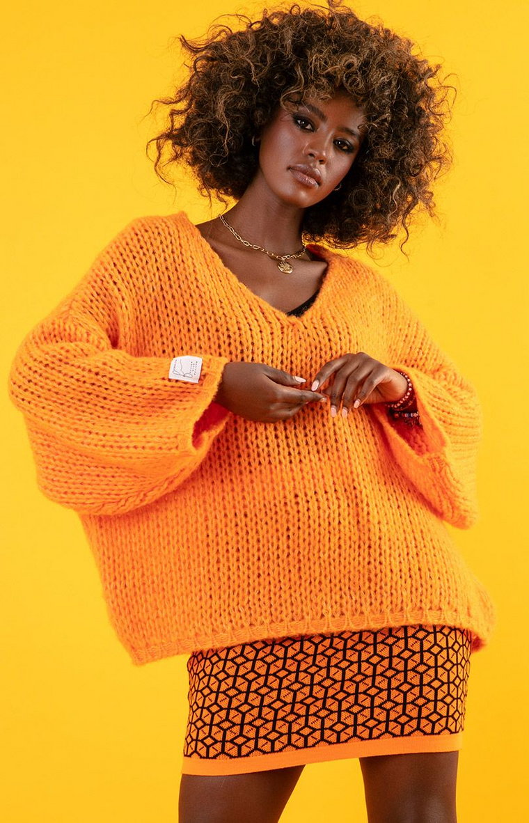 Luźny sweter z dekoltem w kolorze pomarańczowym  F1256, Kolor pomarańczowy, Rozmiar XS/S, Fobya