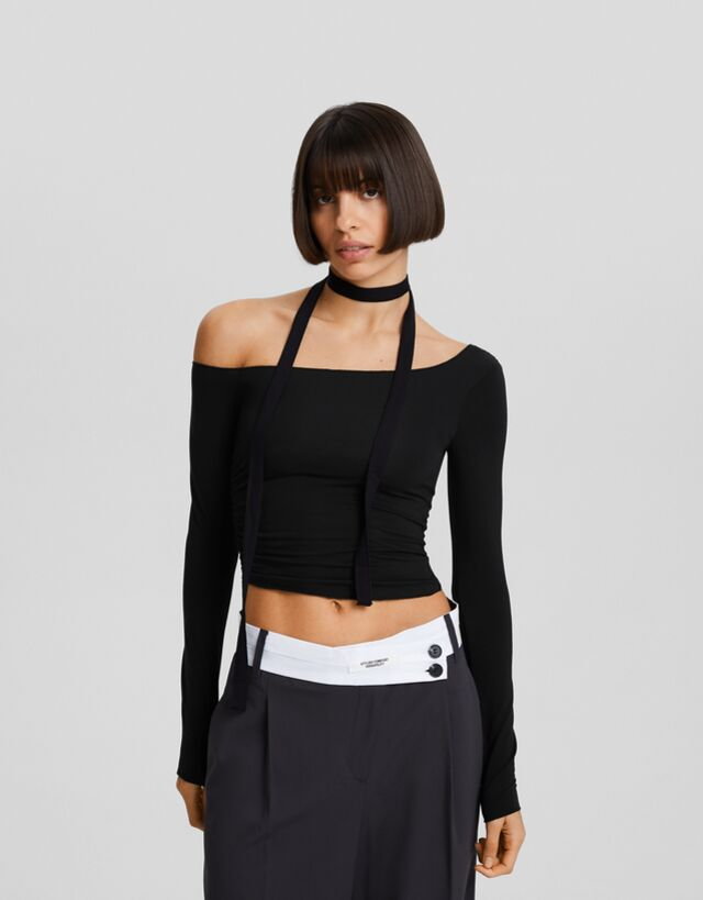 Bershka Long Sleeve Asymmetric T-Shirt Kobieta L Czarny