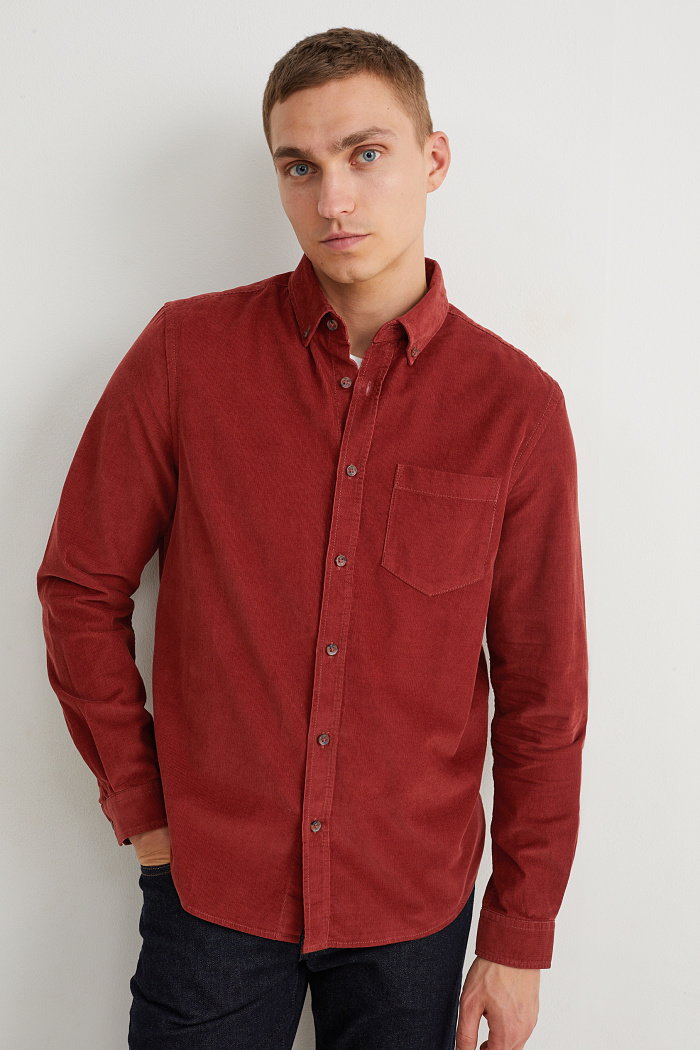 C&A Koszula sztruksowa-regular fit-kołnierzyk przypinany na guziki, Czerwony, Rozmiar: XL