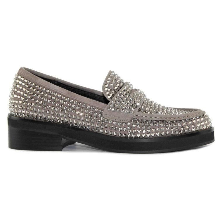 Szary Zamszowy Loafer Swarovski Bibi Lou