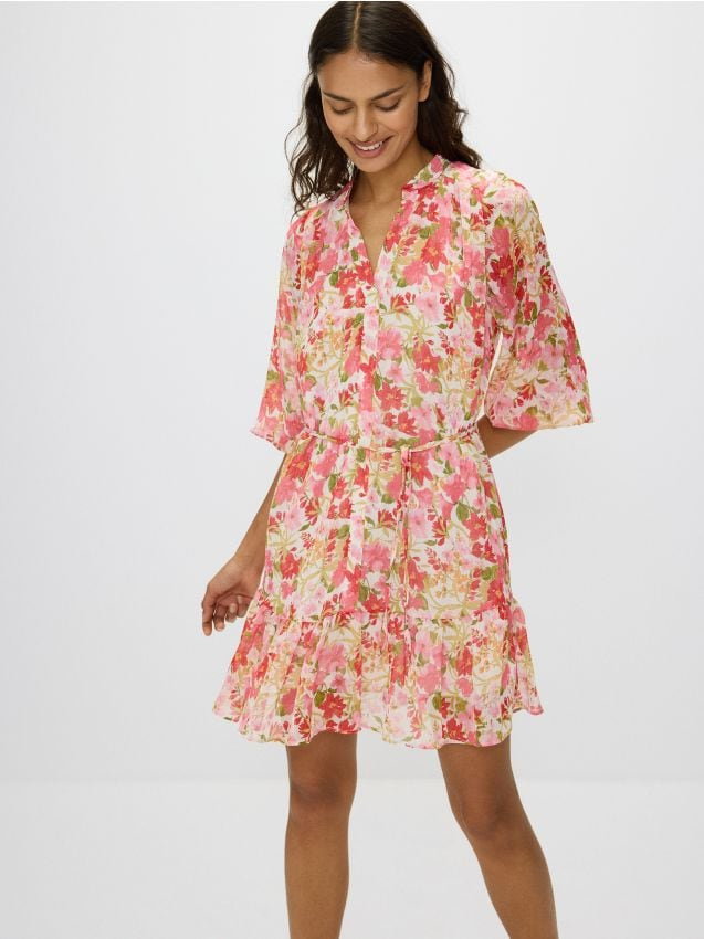Reserved - Sukienka mini w kwiaty - pastelowy róż