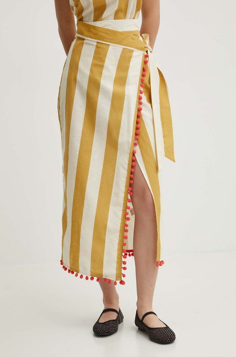 Never Fully Dressed spódnica z domieszką lnu Jaspre Skirt kolor beżowy midi prosta NFDSK510