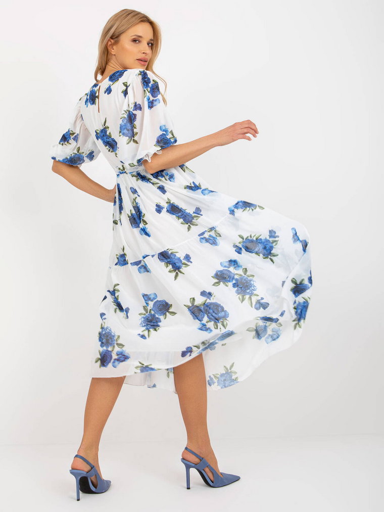 Sukienka z printem biało-niebieski codzienna letnia dekolt okrągły rękaw 3/4 długość midi pasek z podszewką falbana bufiasty rękaw