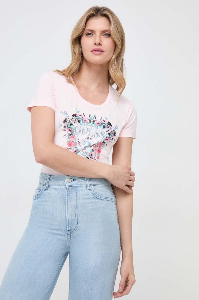 Guess t-shirt FLOWERS damski kolor różowy W4RI38 J1314