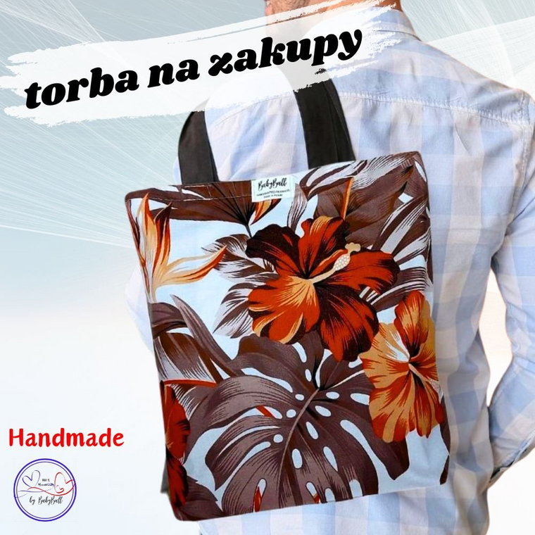 Torba siatka na zakupy kolorowa shopperka bawełniana torebka HANMADE - BRĄZOWE KWIATY