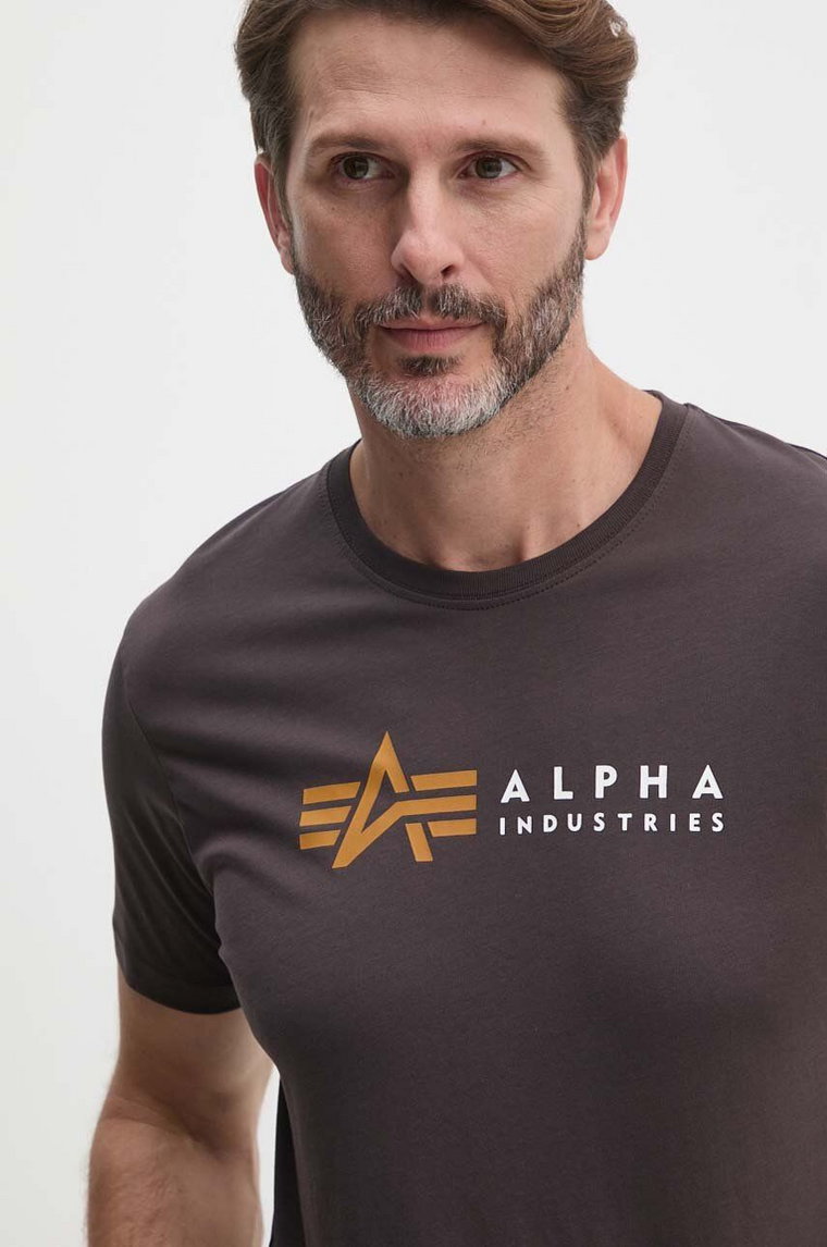 Alpha Industries t-shirt bawełniany Label męski kolor brązowy z nadrukiem 118502