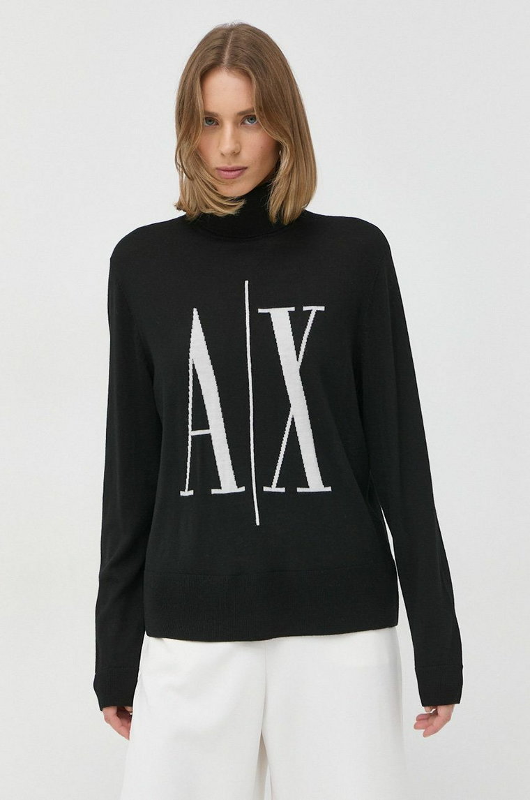 Armani Exchange sweter wełniany kolor czarny z golfem