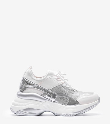 Biało srebrne sneakersy na grubej podeszwie Lea