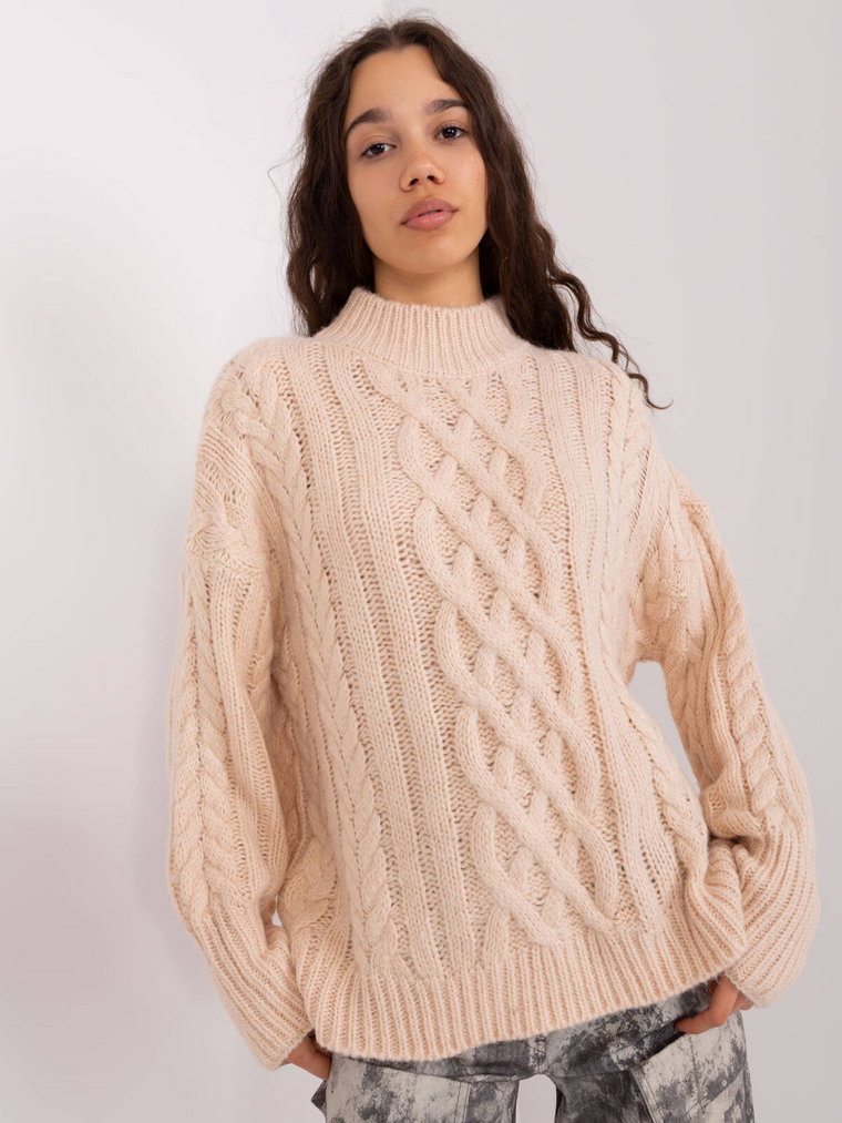 Sweter z warkoczami jasny beżowy casual dekolt półgolf