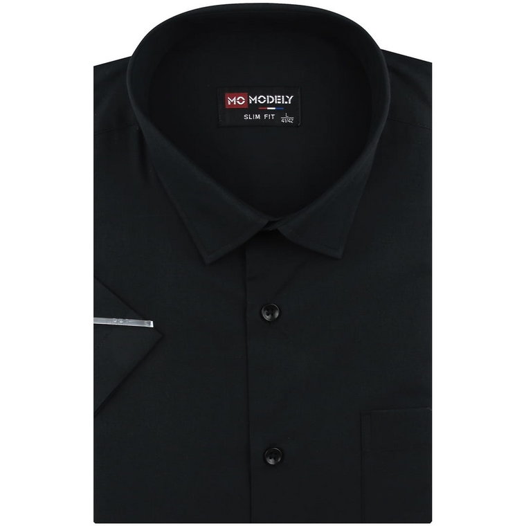 Koszula Męska Elegancka Wizytowa do garnituru gładka czarna z krótkim rękawem w kroju SLIM FIT Modely P452