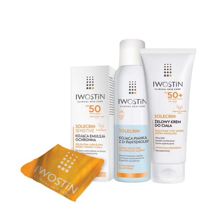 Iwostin Solecrin Zestaw (Emulsja SPF50 100ml + Pianka kojąca 150ml+ Żel-krem SPF50+ 200ml+ Ręcznik)