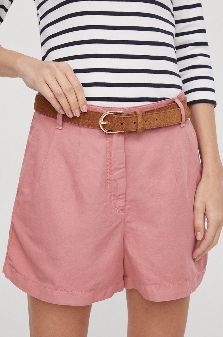 Tommy Hilfiger szorty z domieszką lnu kolor różowy gładkie high waist