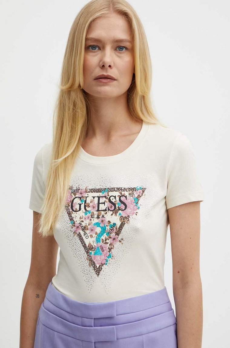 Guess t-shirt CHERRY FLOWER damski kolor beżowy W4YI26 J1314