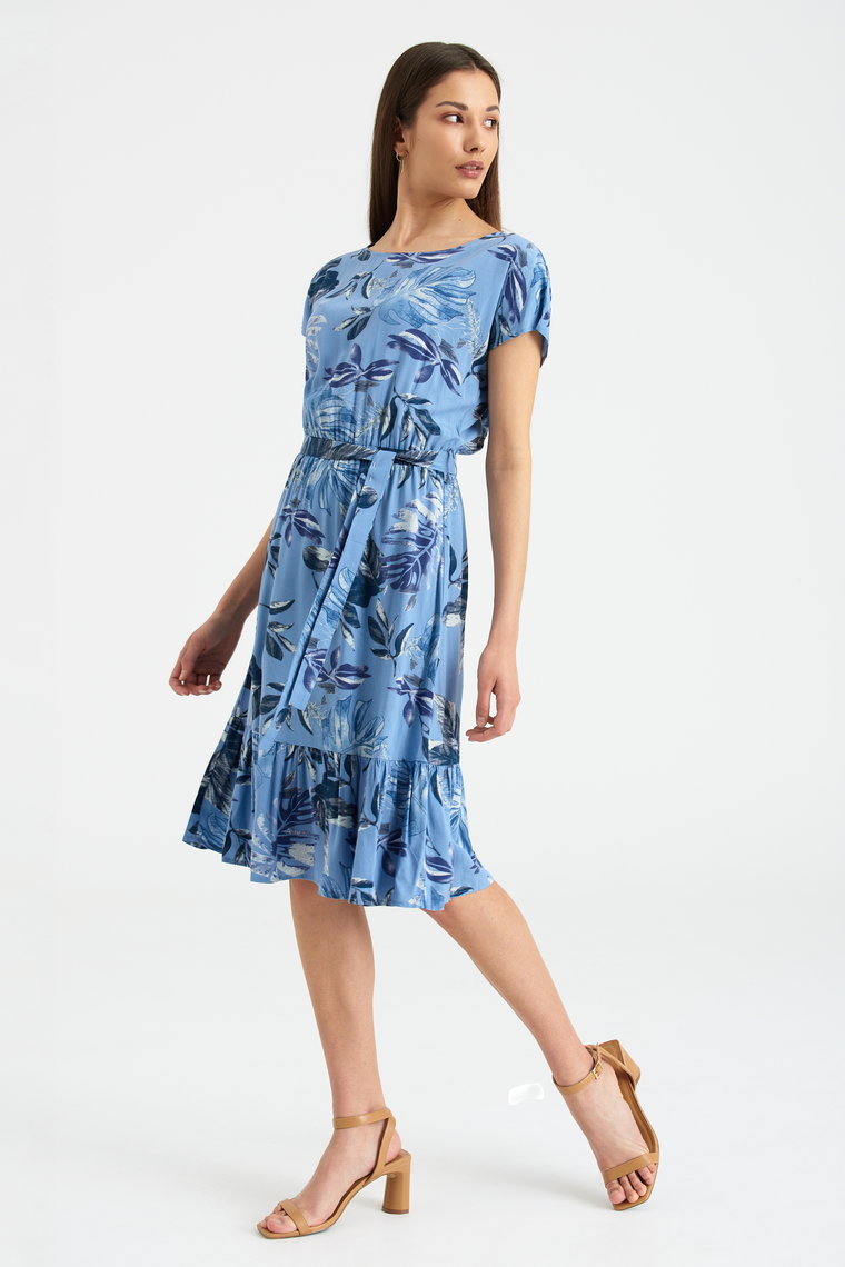 Niebieska, wiskozowa sukienka z nadrukiem w liście