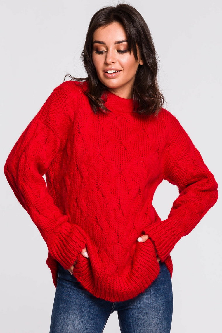 Sweter ze splotem typu warkocz - czerwony