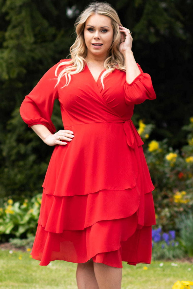 Sukienka szyfonowe falbanki  ekskluzywna kopertowa NARCYZA czerwona PROMOCJA