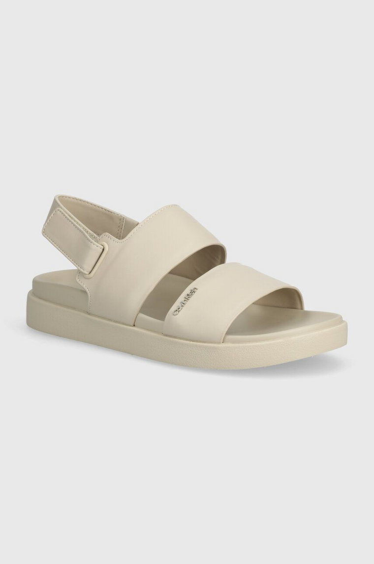 Calvin Klein sandały skórzane FLAT SANDAL CALVIN MTL LTH damskie kolor beżowy HW0HW01984