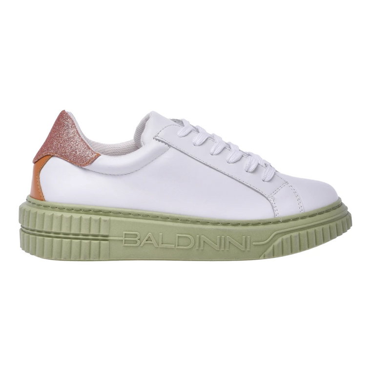 Tennis shoes in white calfskin and orange glitter fabric Baldinini