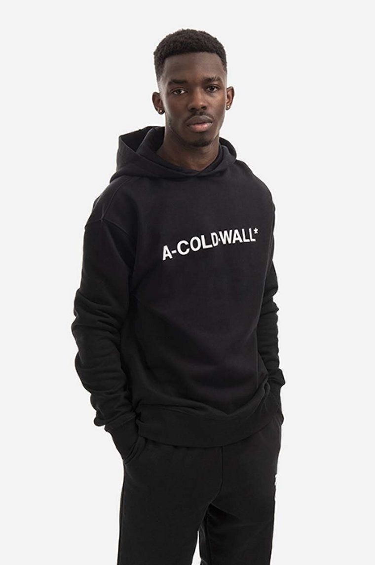 A-COLD-WALL* bluza bawełniana Essential Logo Hoodie męska kolor czarny z kapturem z nadrukiem ACWMW083.-LIGHTORANG