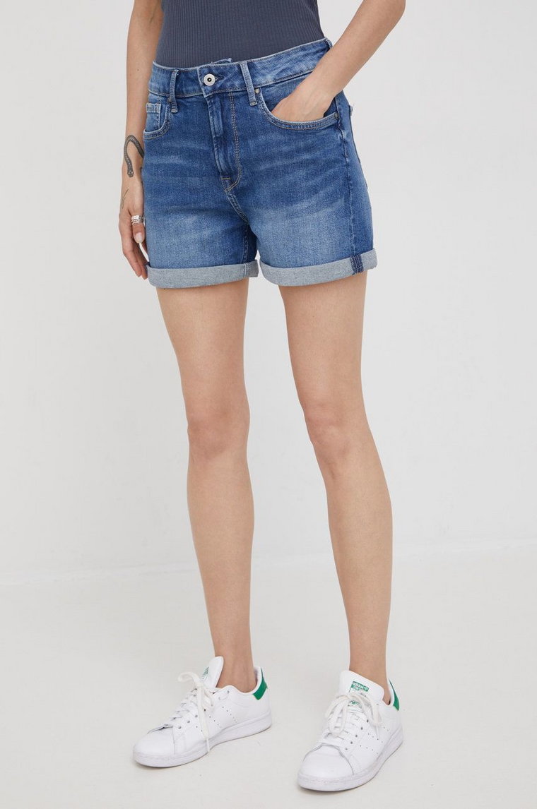 Pepe Jeans szorty jeansowe MARY SHORT damskie kolor granatowy gładkie high waist