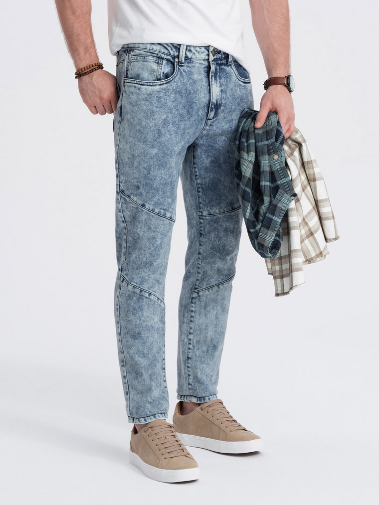 Spodnie męskie jeansowe slim fit z przeszyciem na kolanach - niebieskie V1 OM-PADP-0109