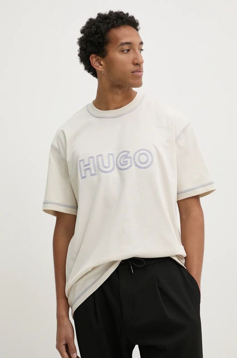 Hugo Blue t-shirt bawełniany męski kolor beżowy z aplikacją 50521686