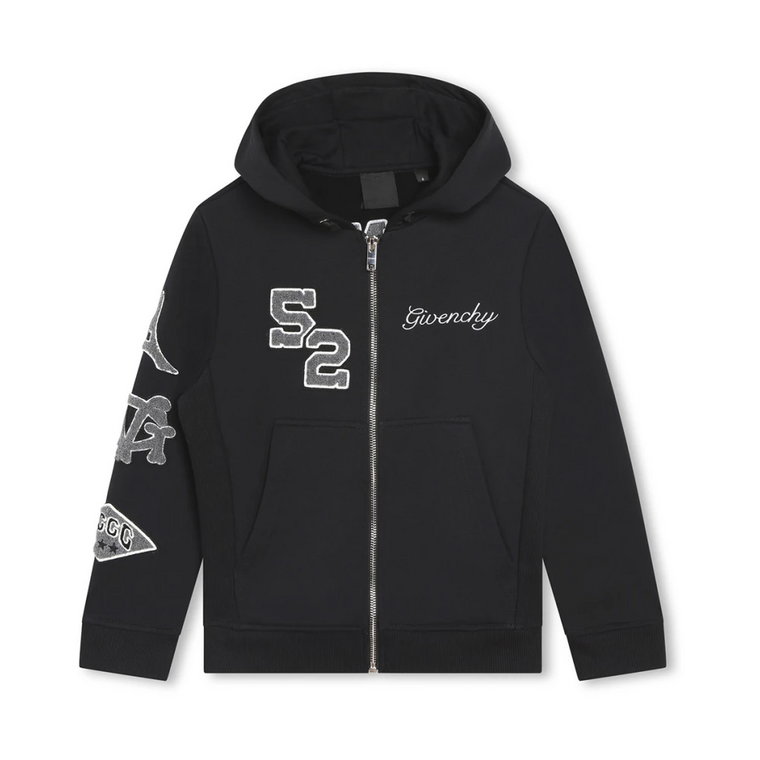Czarny bawełniany dziecięcy zip-up hoodie z haftem i naszywkami Givenchy