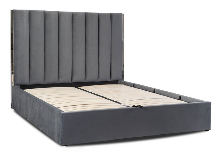 Szare podwójne łóżko z zagłówkiem i pojemnikiem 160x200 - Alzo