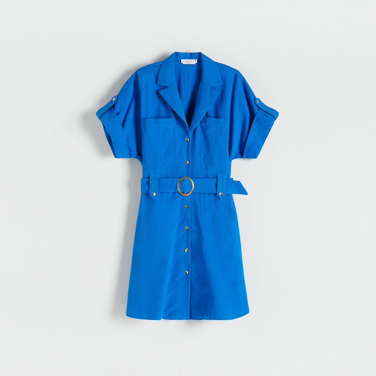 Reserved - Koszulowa sukienka z paskiem - Niebieski